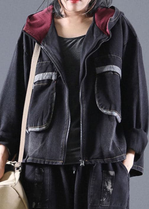 Handmade Black Hooded denim Coats Spring BSDJK-CTS211130