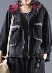 Handmade Black Hooded denim Coats Spring BSDJK-CTS211130