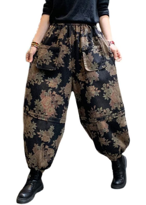 Handmade Black Print denim lantern Pants Winter NZ-LPTS220105