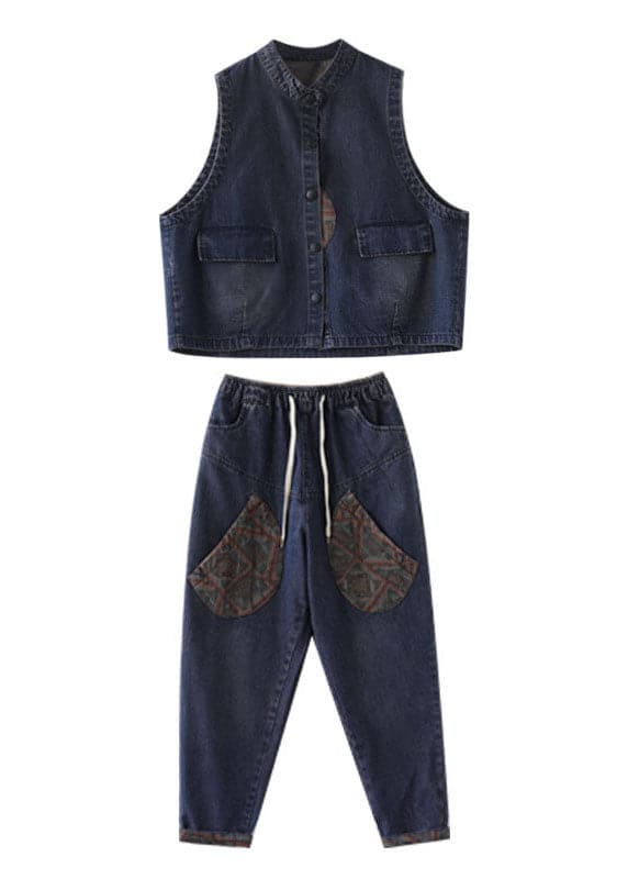 Handmade Blue Patchwork denim Two Piece Set Outfits Sleeveless GK-VTP220111