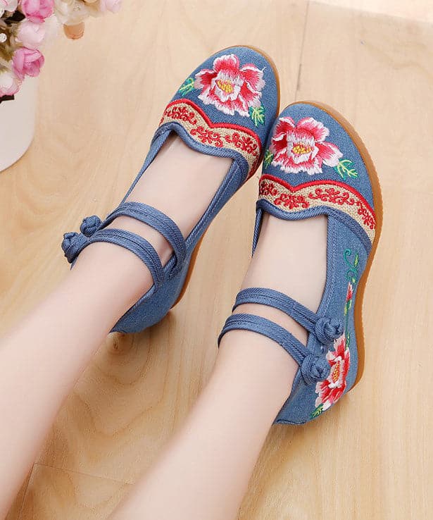 Handmade Buckle Strap Wedge High Wedge Heels Shoes Blue Embroideried Comfy Linen Fabric BX-PG220407