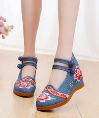 Handmade Buckle Strap Wedge High Wedge Heels Shoes Blue Embroideried Comfy Linen Fabric BX-PG220407