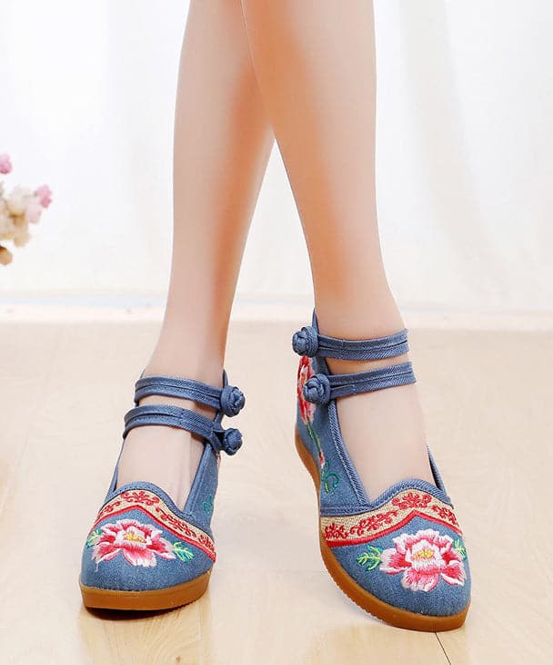 Handmade Buckle Strap Wedge High Wedge Heels Shoes Blue Embroideried Comfy Linen Fabric BX-PG220407