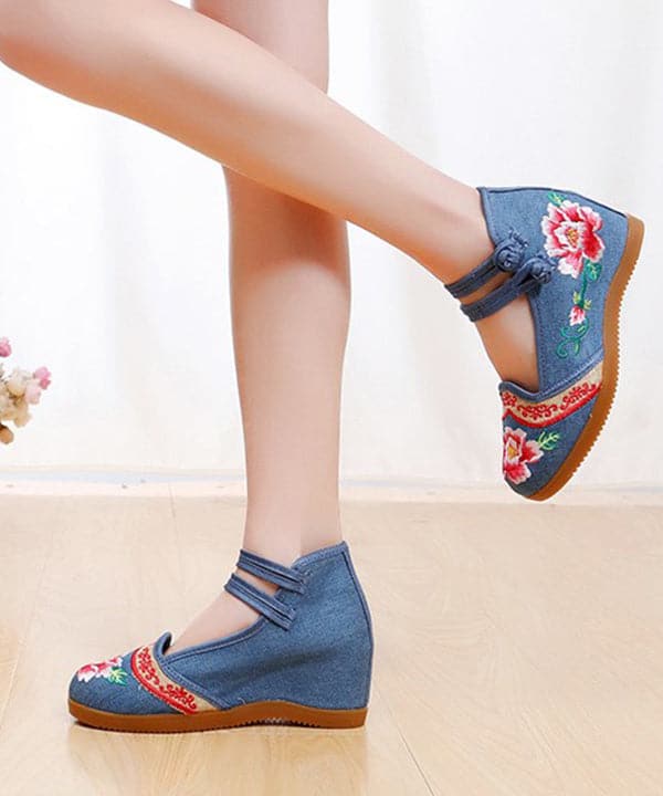 Handmade Buckle Strap Wedge High Wedge Heels Shoes Blue Embroideried Comfy Linen Fabric BX-PG220407