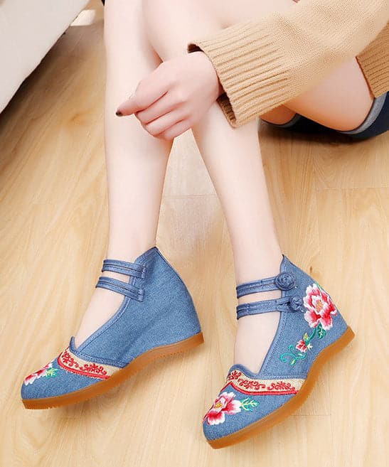 Handmade Buckle Strap Wedge High Wedge Heels Shoes Blue Embroideried Comfy Linen Fabric BX-PG220407