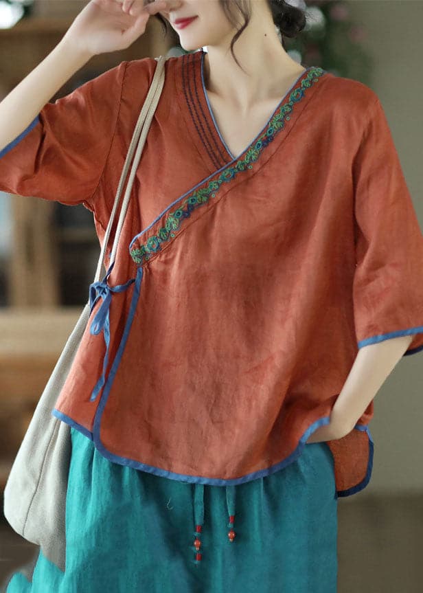 Handmade Caramel V Neck Embroideried Tie Waist Linen Top Half Sleeve GK-HTP220815