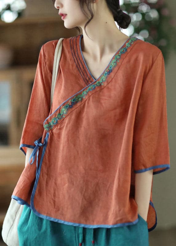 Handmade Caramel V Neck Embroideried Tie Waist Linen Top Half Sleeve GK-HTP220815