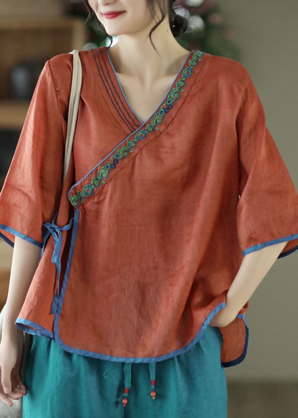 Handmade Caramel V Neck Embroideried Tie Waist Linen Top Half Sleeve GK-HTP220815