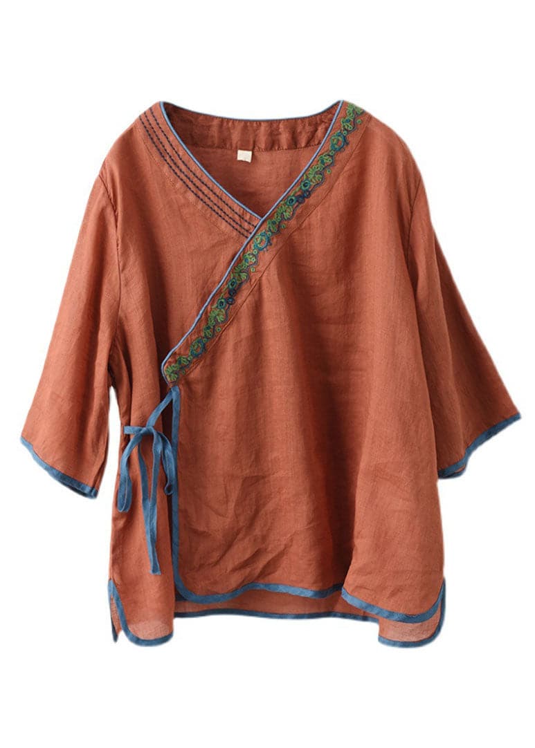 Handmade Caramel V Neck Embroideried Tie Waist Linen Top Half Sleeve GK-HTP220815