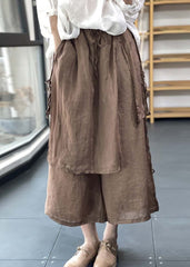 Handmade Coffee Elastic Waist Drawstring Asymmetrical Linen Wide Leg Pants Summer GK-LPTS220418