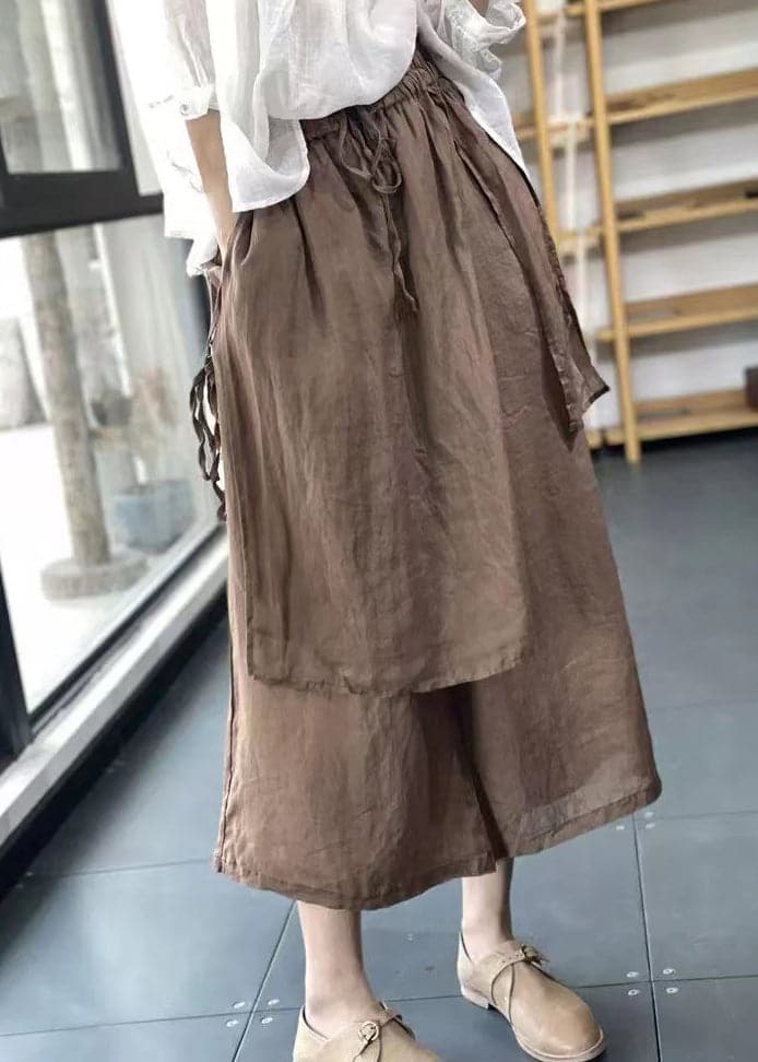 Handmade Coffee Elastic Waist Drawstring Asymmetrical Linen Wide Leg Pants Summer GK-LPTS220418