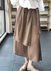 Handmade Coffee Elastic Waist Drawstring Asymmetrical Linen Wide Leg Pants Summer GK-LPTS220418