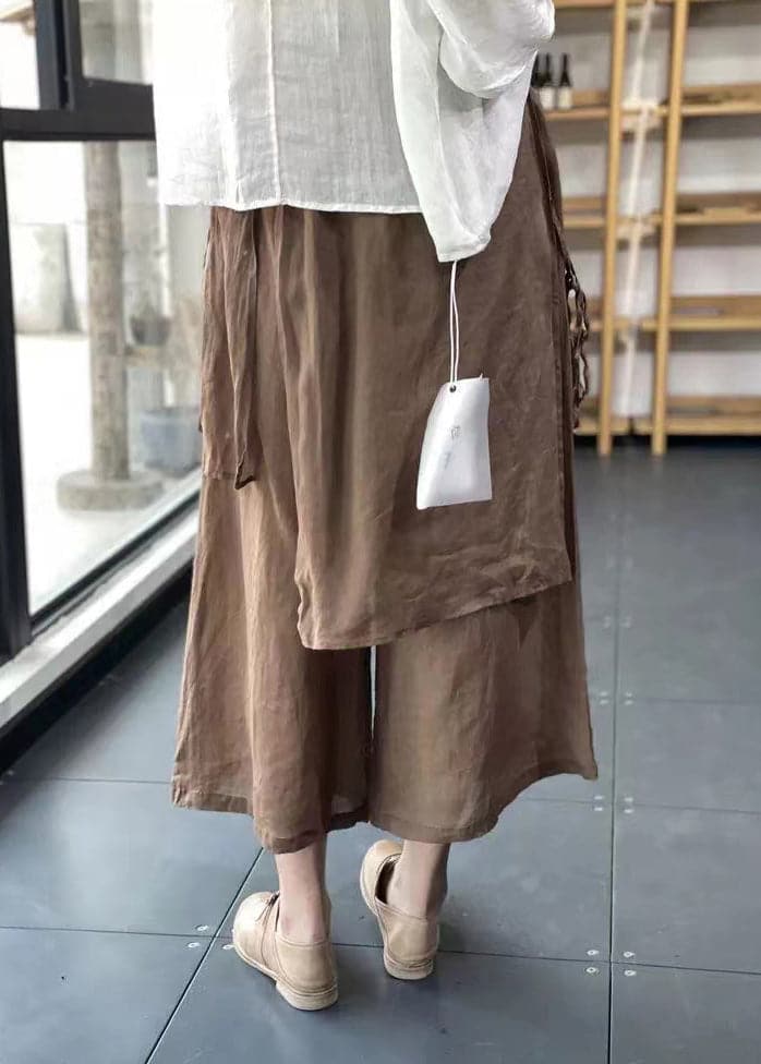 Handmade Coffee Elastic Waist Drawstring Asymmetrical Linen Wide Leg Pants Summer GK-LPTS220418