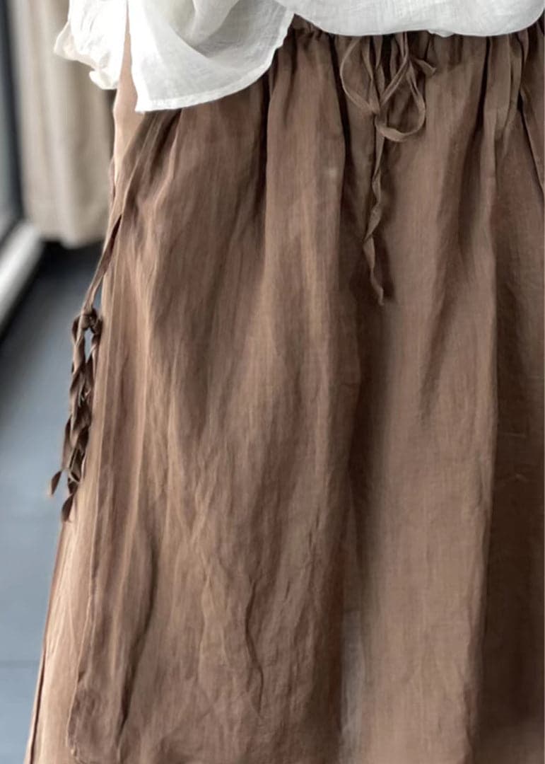 Handmade Coffee Elastic Waist Drawstring Asymmetrical Linen Wide Leg Pants Summer GK-LPTS220418