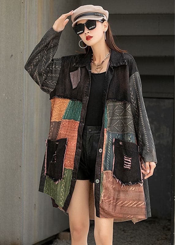 Handmade Denim Patchwork Knit PeterPan Collar Pockets Fall Long sleeve Coat NZ-CTS210910