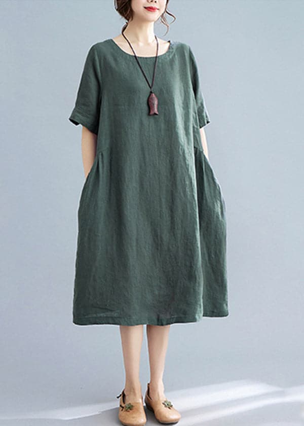 Handmade Green Solid Wrinkled Linen Vacation Dresses Short Sleeve GK-SDL220418