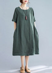 Handmade Green Solid Wrinkled Linen Vacation Dresses Short Sleeve GK-SDL220418