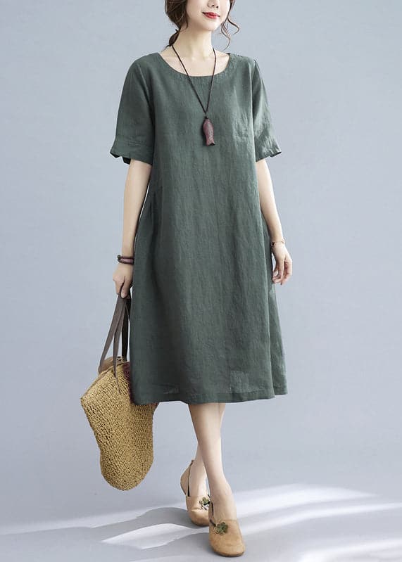 Handmade Green Solid Wrinkled Linen Vacation Dresses Short Sleeve GK-SDL220418