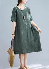 Handmade Green Solid Wrinkled Linen Vacation Dresses Short Sleeve GK-SDL220418