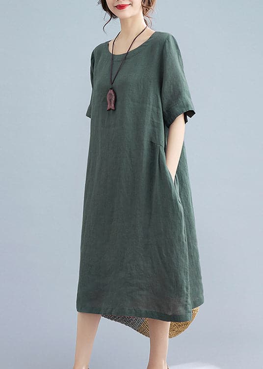 Handmade Green Solid Wrinkled Linen Vacation Dresses Short Sleeve GK-SDL220418