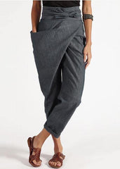 Handmade Grey asymmetrical design High Waist Cotton Harem Summer Pants PY-LPTS210429