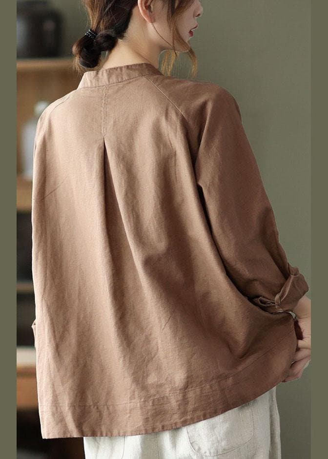 Handmade Khaki Retro O-Neck Button Fall Top Long Sleeve GK-LTP210810