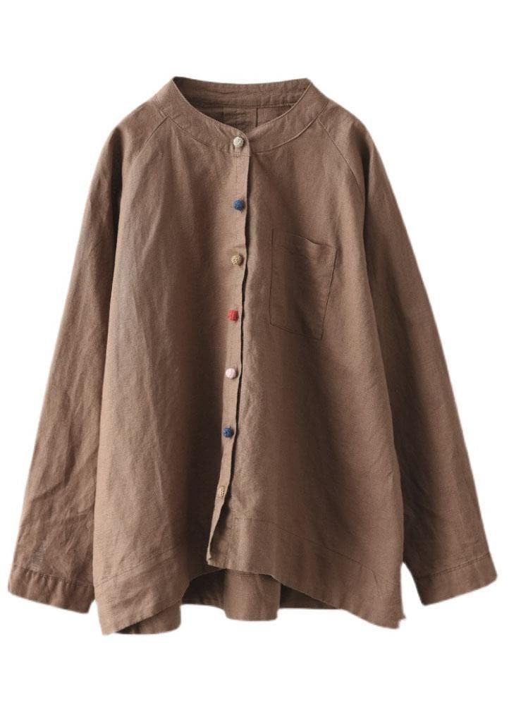 Handmade Khaki Retro O-Neck Button Fall Top Long Sleeve GK-LTP210810