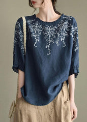 Handmade Navy lantern Sleeve Ruffled Summer Cotton Linen Shirt Tops GK-HTP210810