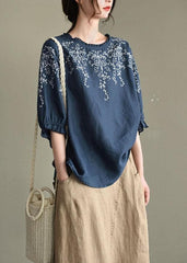 Handmade Navy lantern Sleeve Ruffled Summer Cotton Linen Shirt Tops GK-HTP210810