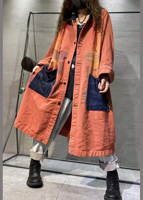 Handmade Orange Pockets Button Casual Fall Denim Long sleeve Coat BSLCT-TCT211009