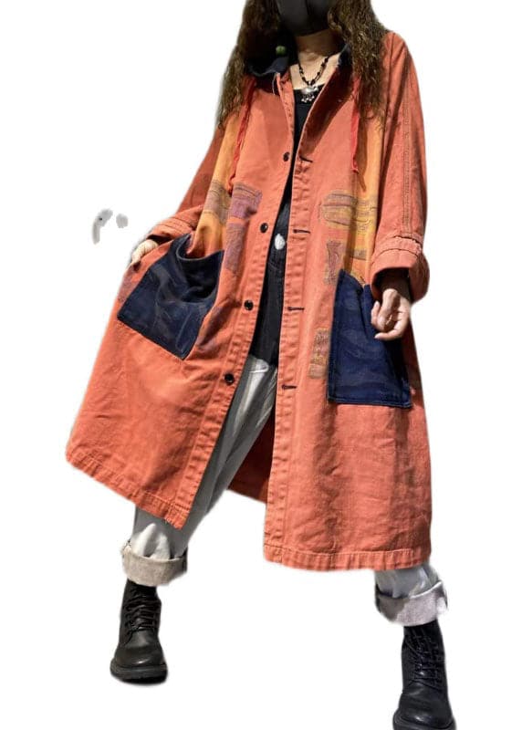 Handmade Orange Pockets Button Casual Fall Denim Long sleeve Coat BSLCT-TCT211009