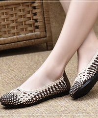 Handmade Pointed Toe Flat Shoes For Women Beige Coffee Knit Fabric Flats BX-PDX220407