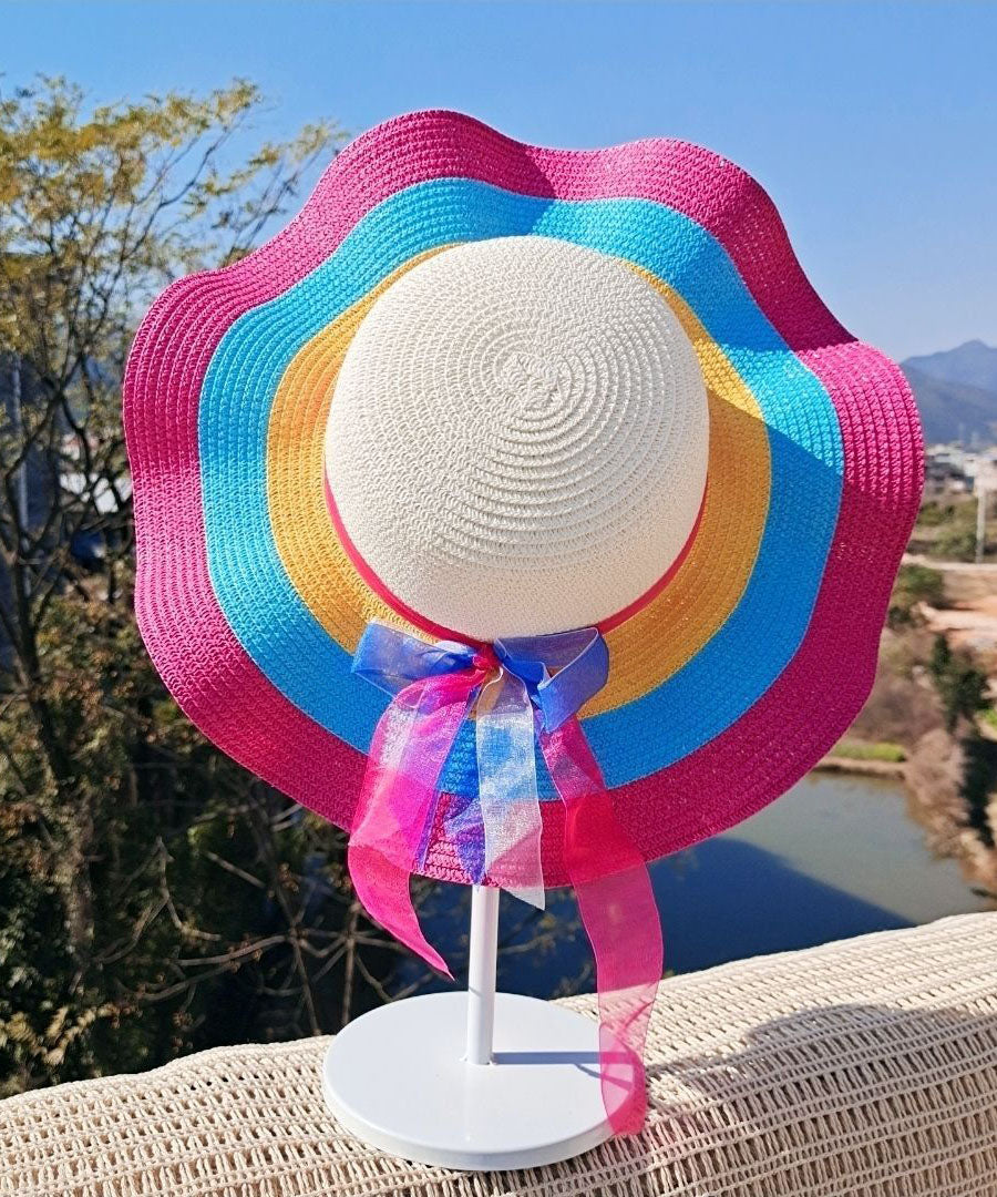 Handmade Rainbow Stripe Straw Woven Floppy Sun Hat dylinoshop