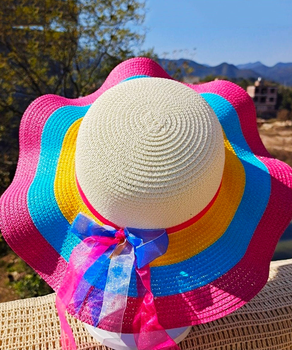 Handmade Rainbow Stripe Straw Woven Floppy Sun Hat dylinoshop