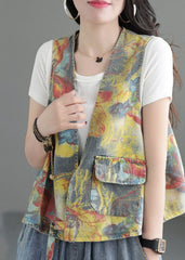 Handmade Yellow Print V Neck Cotton Denim Vest Sleeveless GK-VTP220506