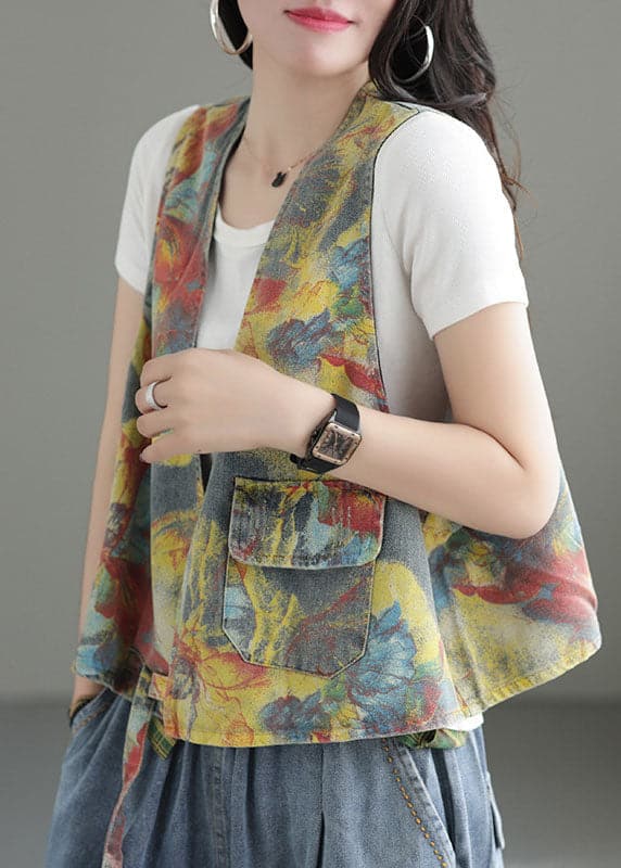 Handmade Yellow Print V Neck Cotton Denim Vest Sleeveless GK-VTP220506