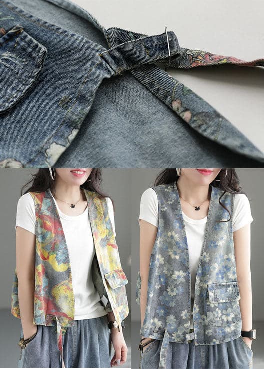 Handmade Yellow Print V Neck Cotton Denim Vest Sleeveless GK-VTP220506