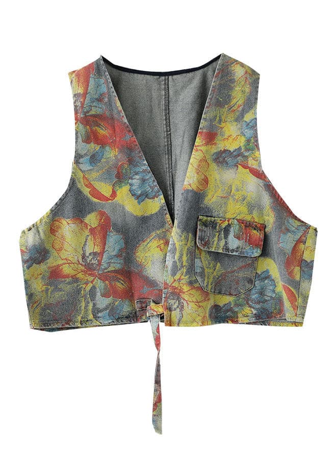 Handmade Yellow Print V Neck Cotton Denim Vest Sleeveless GK-VTP220506