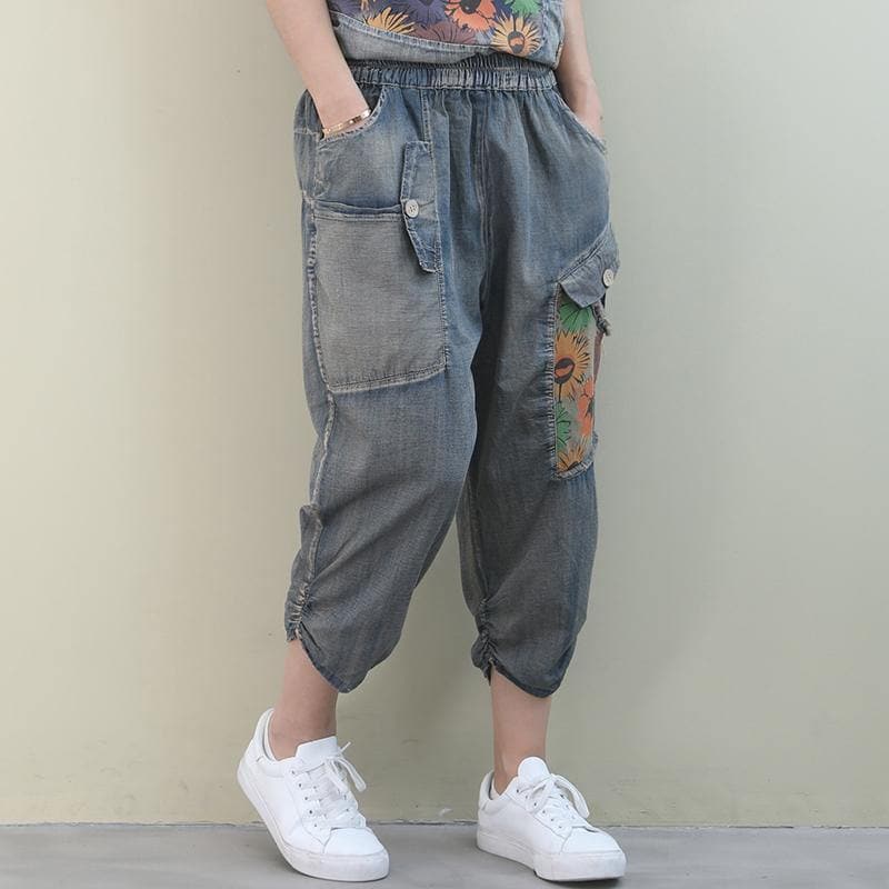 Handmade denim blue casual elastic waist patchwork Shape wide leg pants WG-LPTS200601