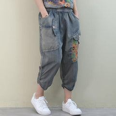 Handmade denim blue casual elastic waist patchwork Shape wide leg pants WG-LPTS200601