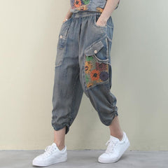 Handmade denim blue casual elastic waist patchwork Shape wide leg pants WG-LPTS200601