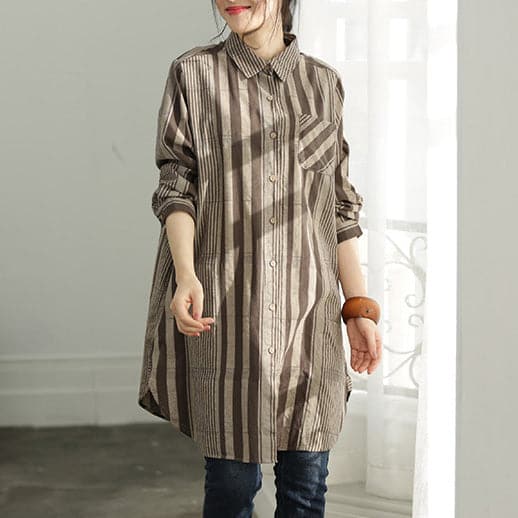 Handmade gray chocolate striped cotton clothes For Women plus size Shirts Button Down Knee shirt LTP190129