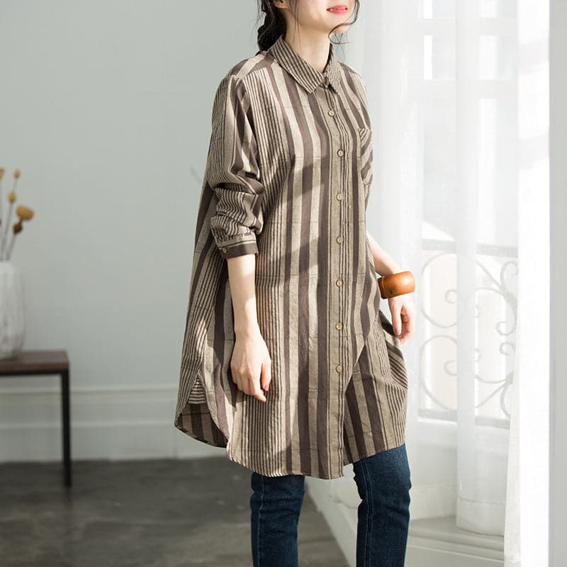 Handmade gray chocolate striped cotton clothes For Women plus size Shirts Button Down Knee shirt LTP190129