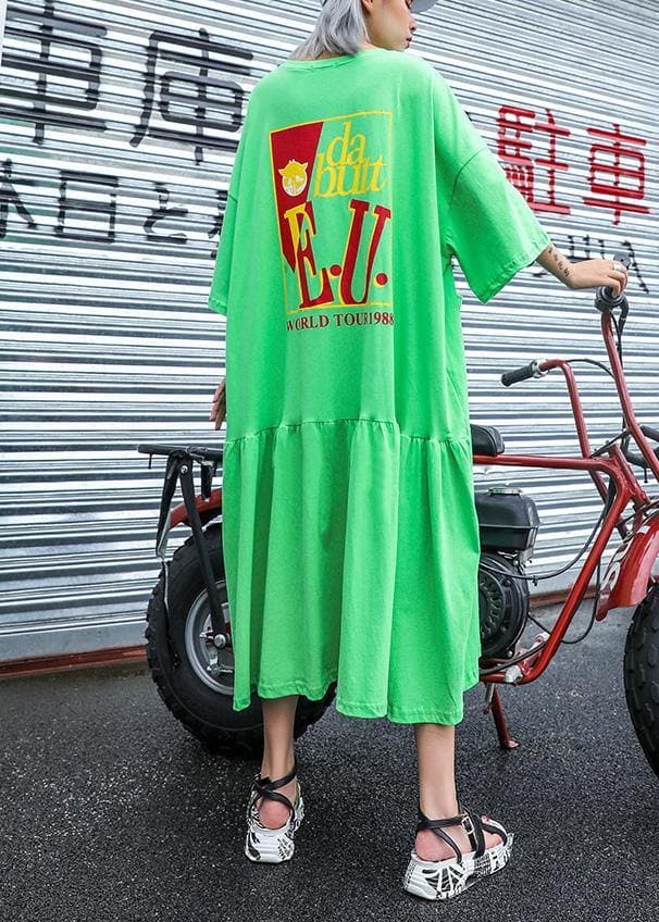 Handmade green print cotton Wardrobes o neck pockets long summer Dress AT-SDL190614