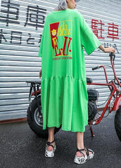 Handmade green print cotton Wardrobes o neck pockets long summer Dress AT-SDL190614