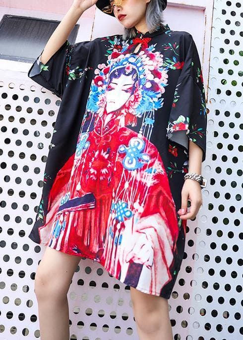 Handmade lapel half sleeve Cotton clothes For Women design black print Dresses summer AT-SDM190614