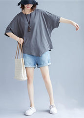 Handmade o neck asymmetric cotton clothes For Women gray blouse STP200409