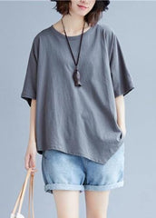 Handmade o neck asymmetric cotton clothes For Women gray blouse STP200409