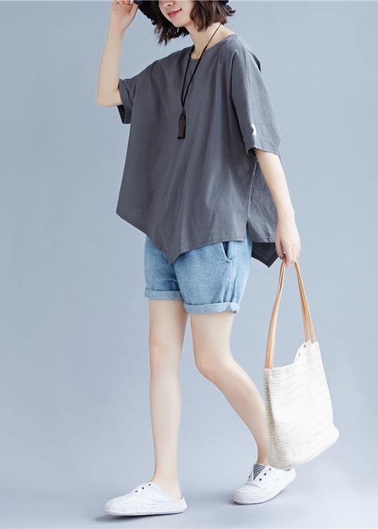 Handmade o neck asymmetric cotton clothes For Women gray blouse STP200409