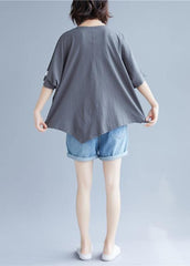 Handmade o neck asymmetric cotton clothes For Women gray blouse STP200409